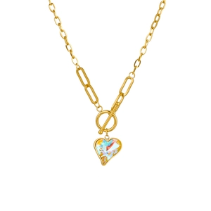 Retro golden necklace with iridescent crystal heart pendant and OT toggle clasp closure