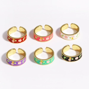 Detail of 6-piece adjustable enamel ring set with floral and cherry patterns