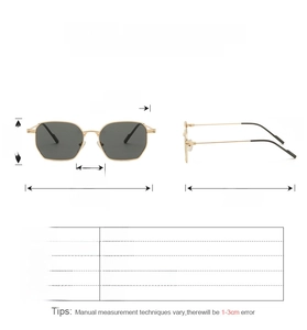 Detailed size chart for retro UV protection sunglasses with hexagon frame dimensions