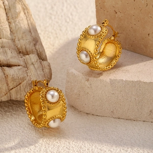 Retro gold plated stainless steel wide hoop earrings with elegant white pearl inlays