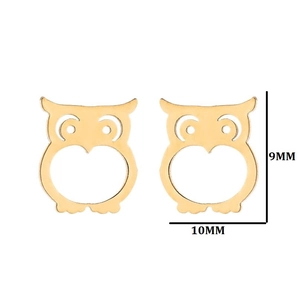 Detailed size view of gold owl stud earrings with 9mm height and 10mm width dimensions