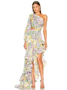 Detailed view of floral ruffle hem and cutout waist on a purple asymmetric midi dress