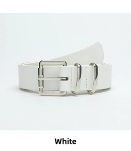 Close-up of white leather belt detail with silver rectangular buckle and double metal loops