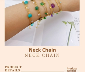 Detail of bohemian layered bracelets with colorful stones, pearls and gold extension chains