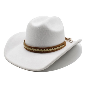 Classic white wool felt western cowboy hat with brown braided band and wide brim design