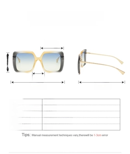 Detailed size chart for oversized square sunglasses showing frame dimensions and UV protection specs