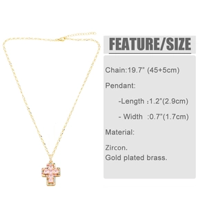 Detail showing cross pendant dimensions with colorful zircons and 19.7 inch chain size
