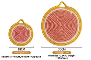 Detailed comparison of two grapefruit woven cotton coasters in 18cm and 30cm sizes