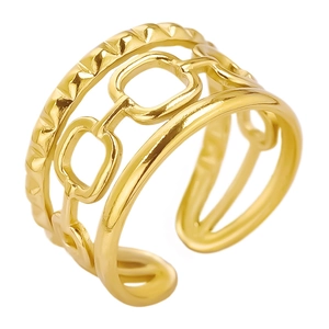 French vintage 304 stainless steel hollow ring with golden layered geometric design