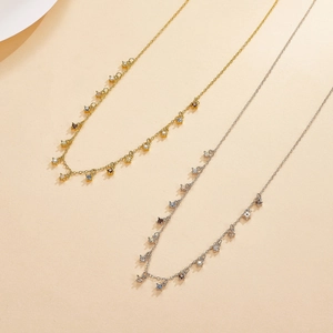Detailed close-up of S925 silver necklaces with colorful zircons and tassels in gold and silver