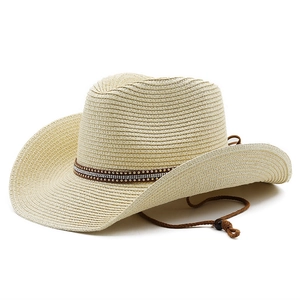 Straw cowboy hat with rhinestone studded band and adjustable chin strap on white background