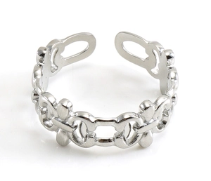 Detailed close-up of hollow pattern and adjustable opening on the silver steel ring