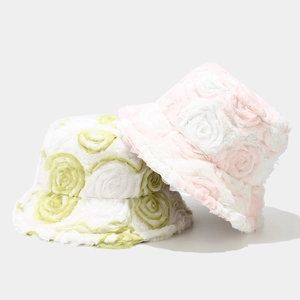 Thick warm winter bucket hats with creative 3D pink and green rose flower decorations