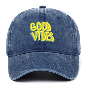 Vintage washed navy blue cotton baseball cap with colorful GOOD VIBES 3D embroidery