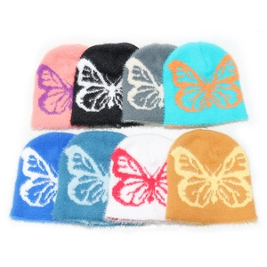 Cappello a Maglia in Pelliccia di Visone Sintetica da Donna Con Jacquard Farfalla Caldo Autunno Inverno Berretto per Sci