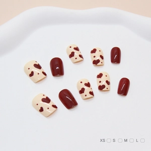 Red Heart Press On Nails ABS Plastic Creamy White Short Square Round Glossy Removable Reusable Manicure