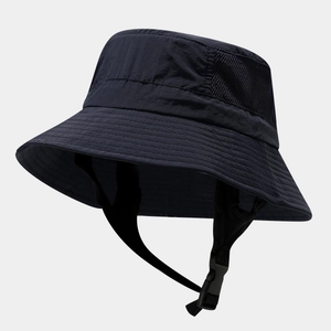 Detail of navy sun hat featuring breathable mesh vents and adjustable chin strap with buckle
