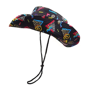 Detail of colorful geometric leopard print bucket hat with adjustable black drawstring