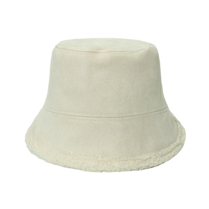 Beige faux suede bucket hat with cozy white plush fleece trim for winter warmth
