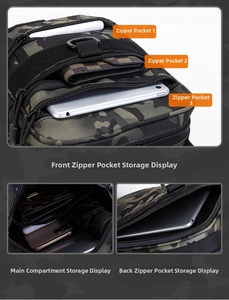 Detail view of tactical camo bag featuring front multi-layer zippers and internal storage capacity