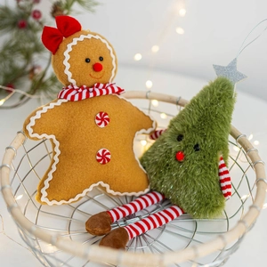 Gingerbread man and Christmas tree plush hanging ornaments for festive home holiday decor