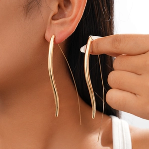 Minimalist Smooth Metallic Waterdrop Long Drop Earrings Alloy Curved Ear Hooks For Women Fashion Commuting Jewelry