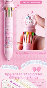 Macro detail of a 12-color retractable ballpoint pen with My Little Pony design