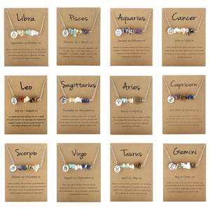 Stainless Steel Natural Stone Chip 12 Zodiac Constellation Round Coin Pendant Necklace For Women Personalized Gift Jewelry