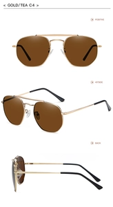 Detailed views of gold metal pilot sunglasses with tea lenses from three angles