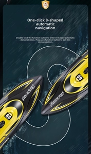Macro view of RC racing boat performing figure-8 auto navigation on blue water