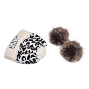 Leopard print knit hat with fluffy pom-poms and MINI embroidery for autumn winter