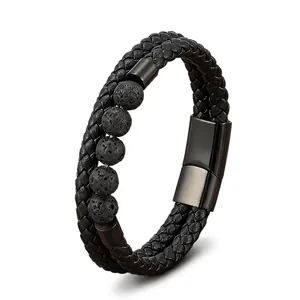 Men's double-layer black braided leather bracelet with natural lava stone beads and magnetic clasp
