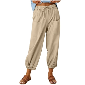 Women's high waist cotton linen wide leg cropped pants with button hem and drawstring