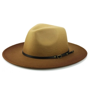 Detail of wool felt fedora featuring gradient two-tone design with leather belt and metal buckle