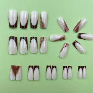 24pcs French marble gradient press-on nails in coffee and cream white square-oval shape