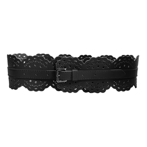 Large ceinture noire à motifs ajourés et bords ondulés pour robes et manteaux