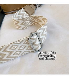Adjustable woven shoulder strap with geometric wave pattern and silver metal hardware