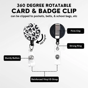 360 degree rotable retractable badge holder with black and white leopard print design