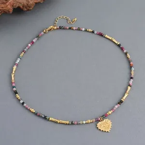 Vintage Beaded Necklace Colorful Tourmaline Stone Heart Evil Eye Brass Pendant Handmade Bohemian Jewelry For Women