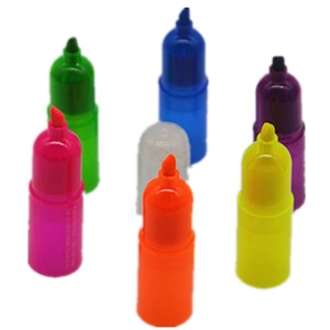 Set of six mini colorful highlighters in pink green blue purple orange and yellow