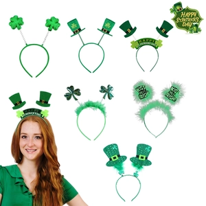 7-pack St. Patrick's Day green headbands with shamrocks, feathers and mini hats