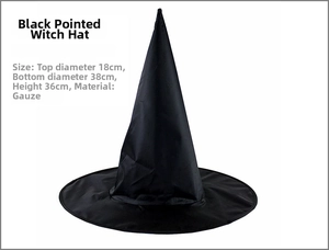 Detailed size specifications for black mesh witch hat showing 38cm brim and 36cm height