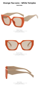 Detailed views of vintage polygon sunglasses with orange frames and beige wide temples