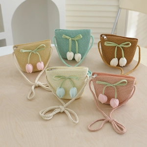 Kids tulip straw bag with ribbon bow in beige, mint, brown, yellow and pink colors