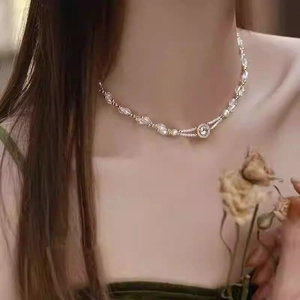 Elegant beaded pearl and zircon crystal geometric necklace with champagne gold finish