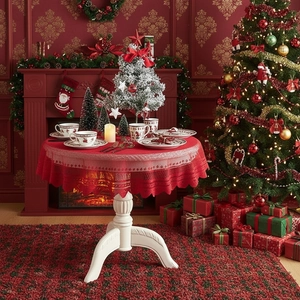 Christmas Tablecloth Red Lace Hollow Out Polyester Table Cover For Holiday Party Festive Home Decor Decorative Elegant