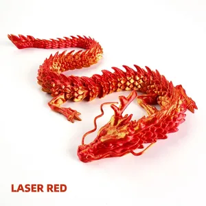 Detail of 3D printed articulated dragon toy in laser red color with layered texture