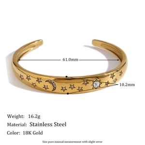 18K gold plated stainless steel star and moon bangle with sparkling crystals for women
