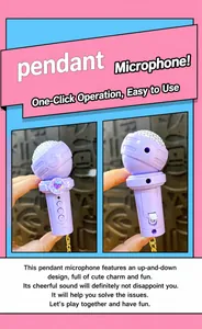 Detailed view of a purple recording microphone keychain accessory, showing front and back sides.