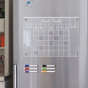 Clear acrylic magnetic weekly planner for fridge with six colored markers on silver door